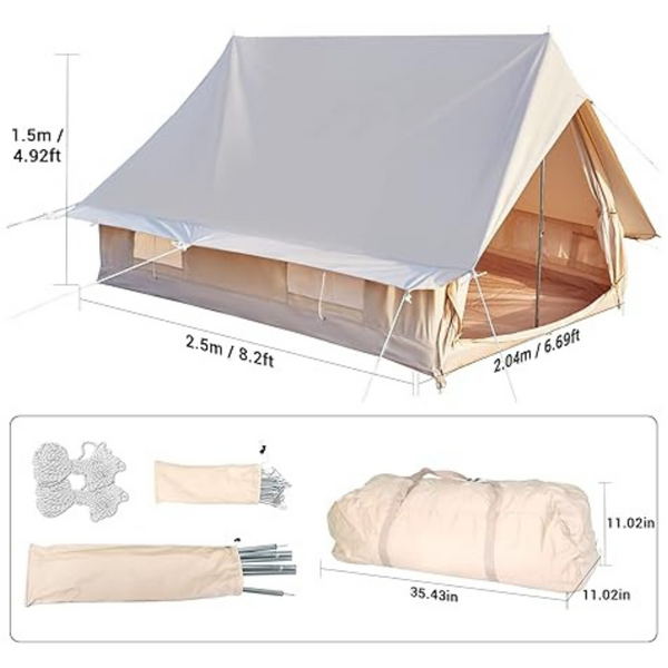 Double Door Canvas Glamping Tent Rainproof, Camping Bell Tent