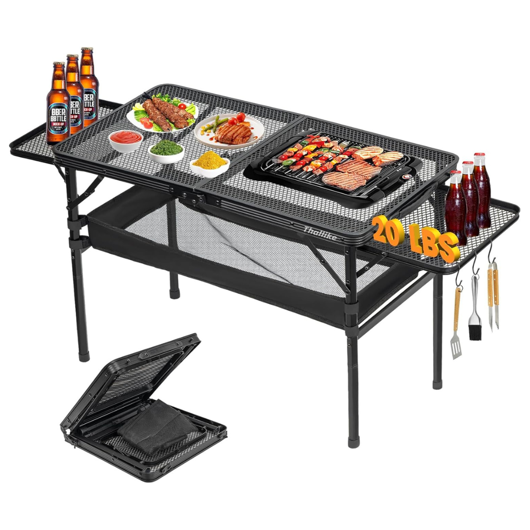 Thallike Portable Folding Grill Table with 2 Wing Panels