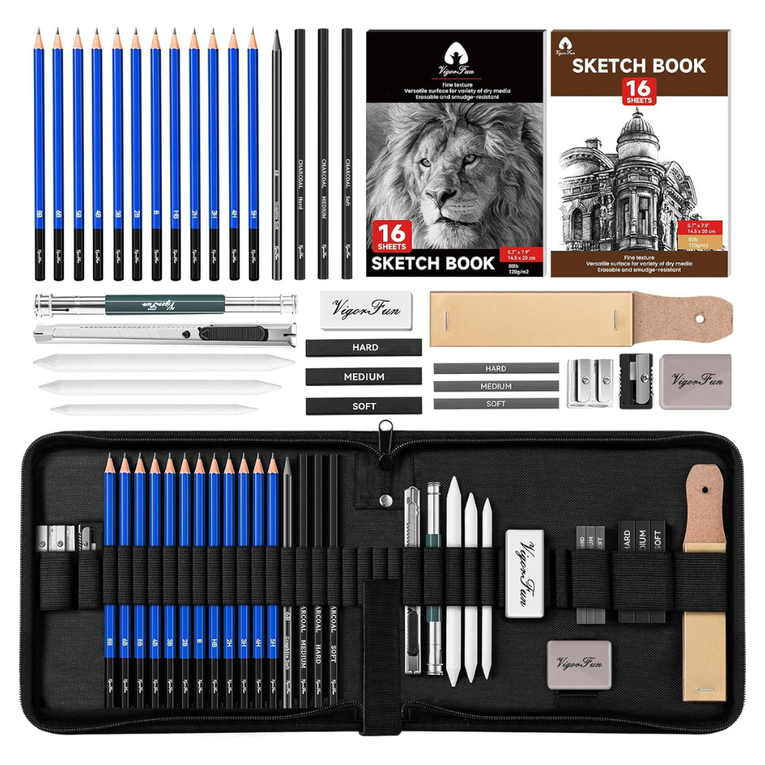 35-Piece VigorFun Art Supplies Sketching & Drawing Pencils Kit