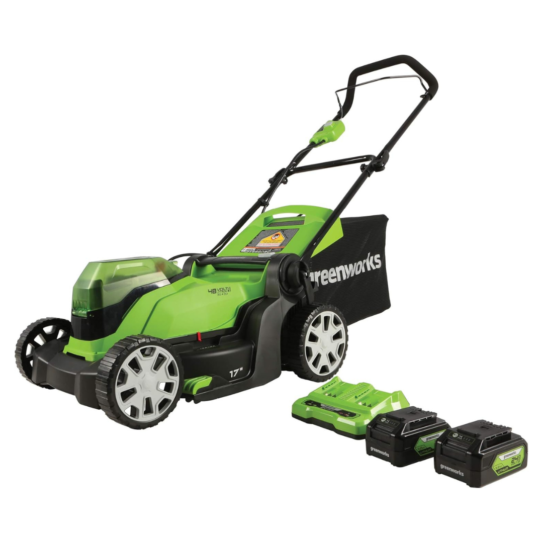 Greenworks 48V (2x24V) 17" Battery Push Mower + 2 x 24V 4Ah Batteries & Dual Port Charger