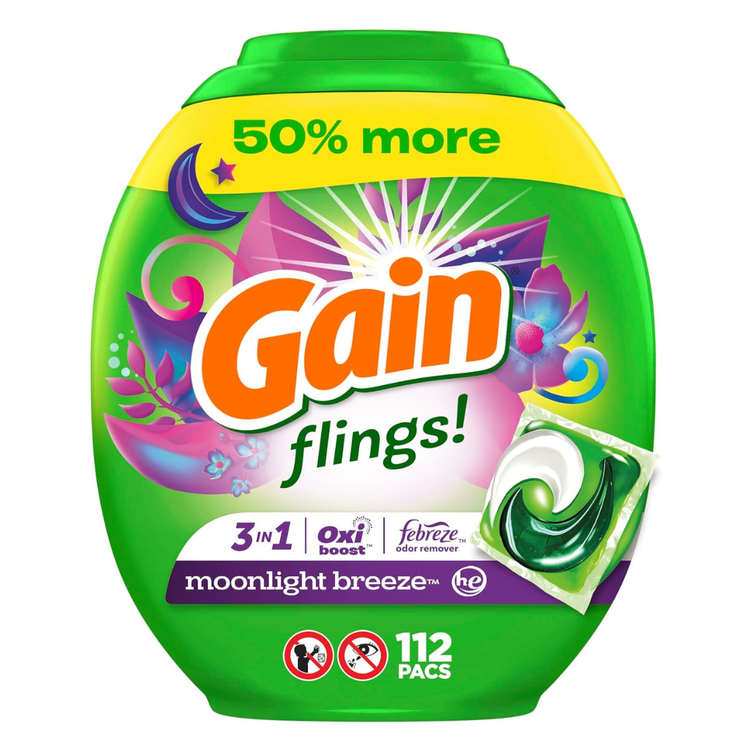 Gain Flings Laundry Detergent Soap Pacs HE Compatible (112 Ct) Long Lasting Scent Moonlight Breeze