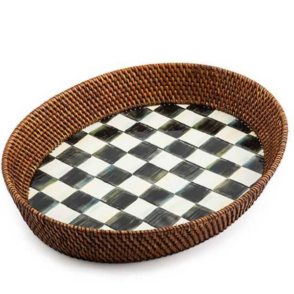 Mackenzie Childs Courtly Check Rattan & Enamel Large Serving Tray