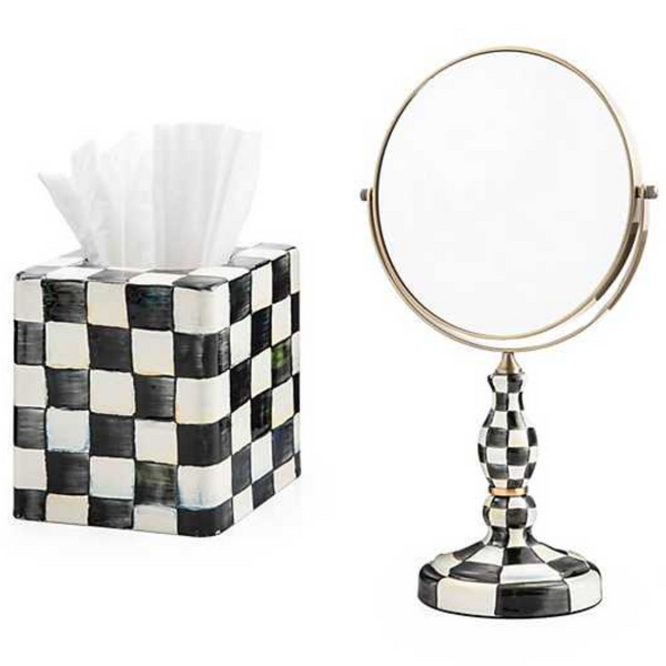 Mackenzie Childs Courtly Check Vanity Mirror & Tissue Box Cover Set