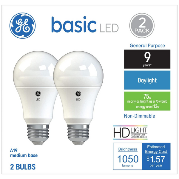 2-Pack GE Basic 75 Watt LED Light Bulbs