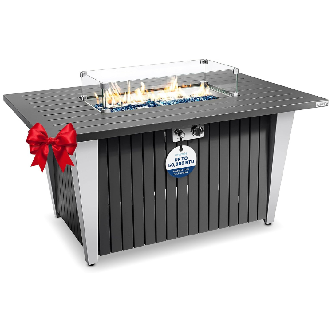 SereneLife 50,000 BTU Propane Gas Fire Pit Table With Glass Wind Guard