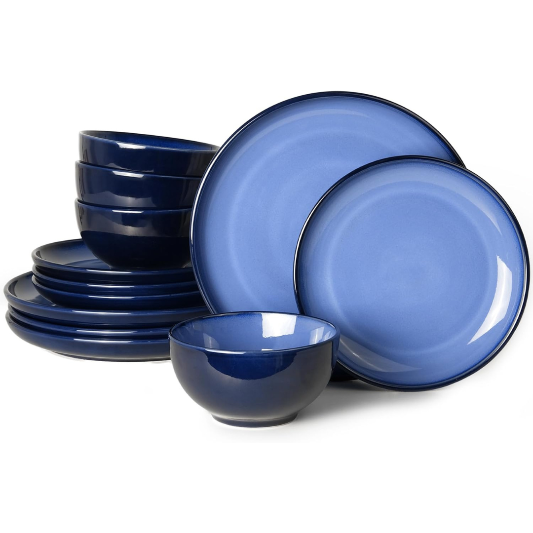 12-Piece Pokini Reactive Glaze Plates and Bowls Dinnerware Set for 4