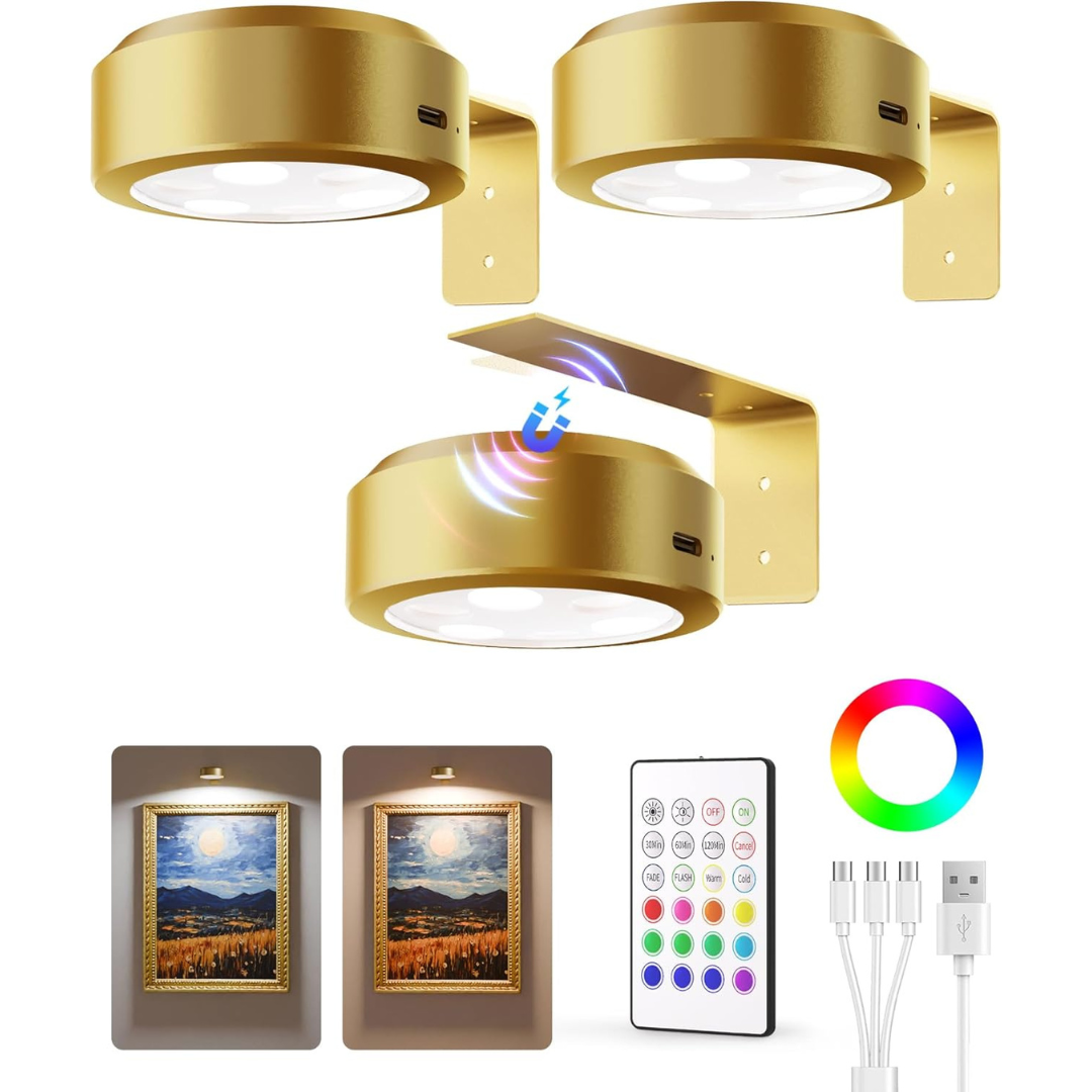 3-Pack Wireless Picture Wall Lights w/ 2 Color Temps & 12 RGB