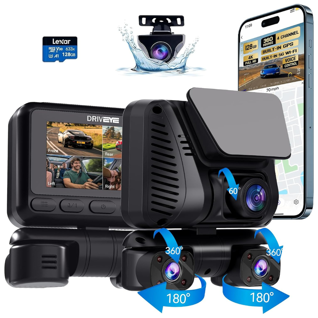 4K 4-Channel 5GHz Wi-Fi GPS 360 deg. Front and Rear Dash Cam