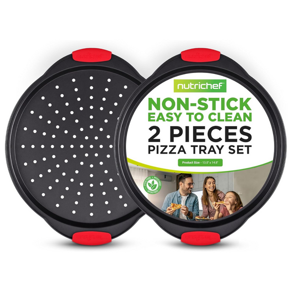 2-Pack NutriChef Round Steel Non-stick Pizza Tray With Silicone Handle