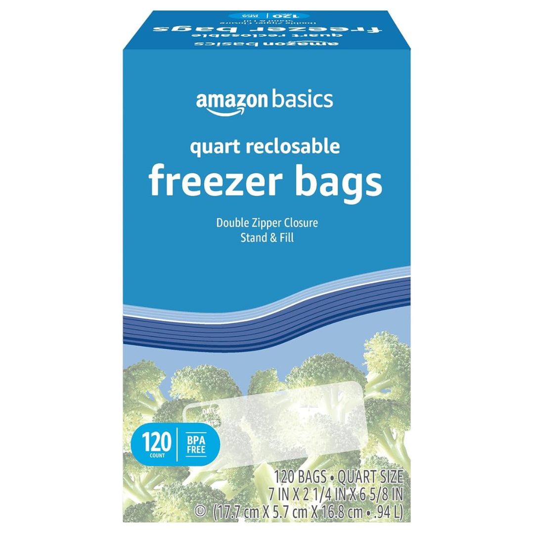 120-Count Amazon Basics Zippered Stand & Fill Freezer Quart Bags