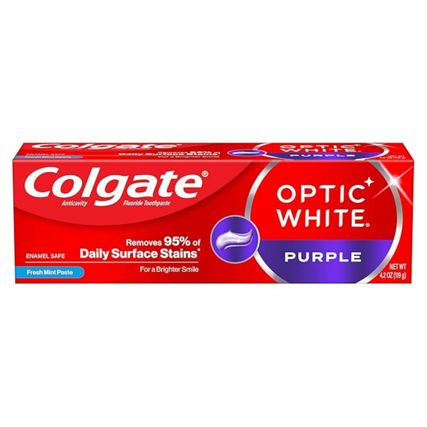 Colgate Optic White Purple Toothpaste For Teeth Whitening, Teeth Whitening Toothpaste With Fluoride, Mint Paste (4.2 Oz)