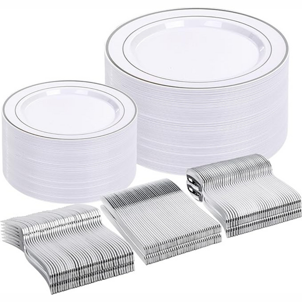 500-Piece Silver Plastic Disposable Plates Dinnerware Sets