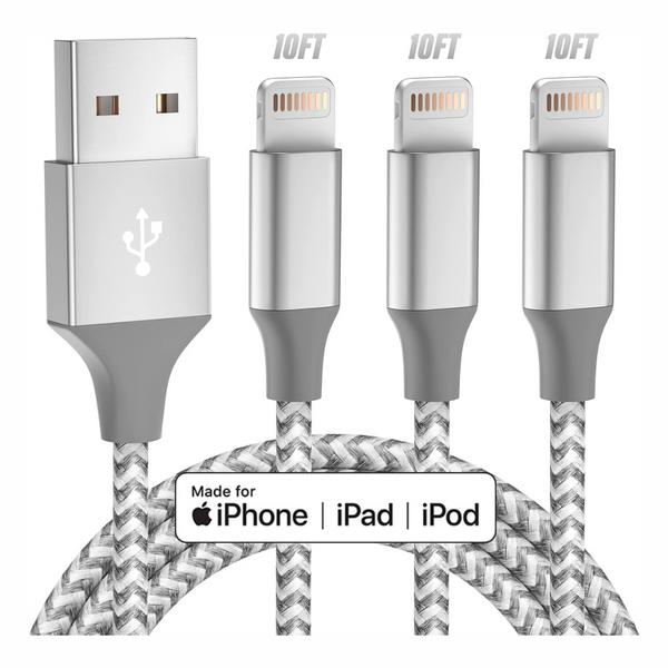 3-Pack 10 ft Apple MFi Certified USB Fast Charging Lightning Cables