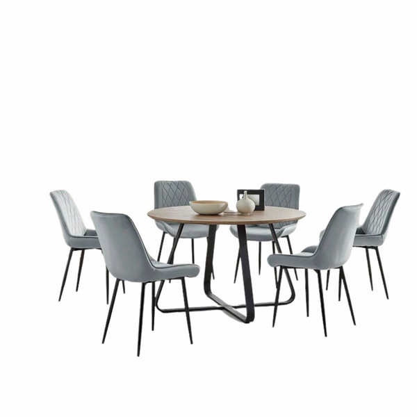 East Urban Home Vyshonne Industrial Wood Effect Round Dining Table Set With 6 Upholstered Velvet Dining Chairs