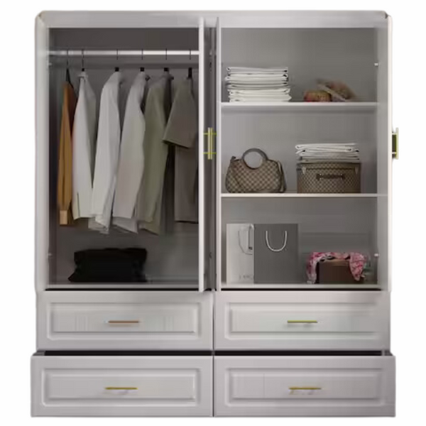 White Wood 63" W 4-Door Big Wardrobe Armoires