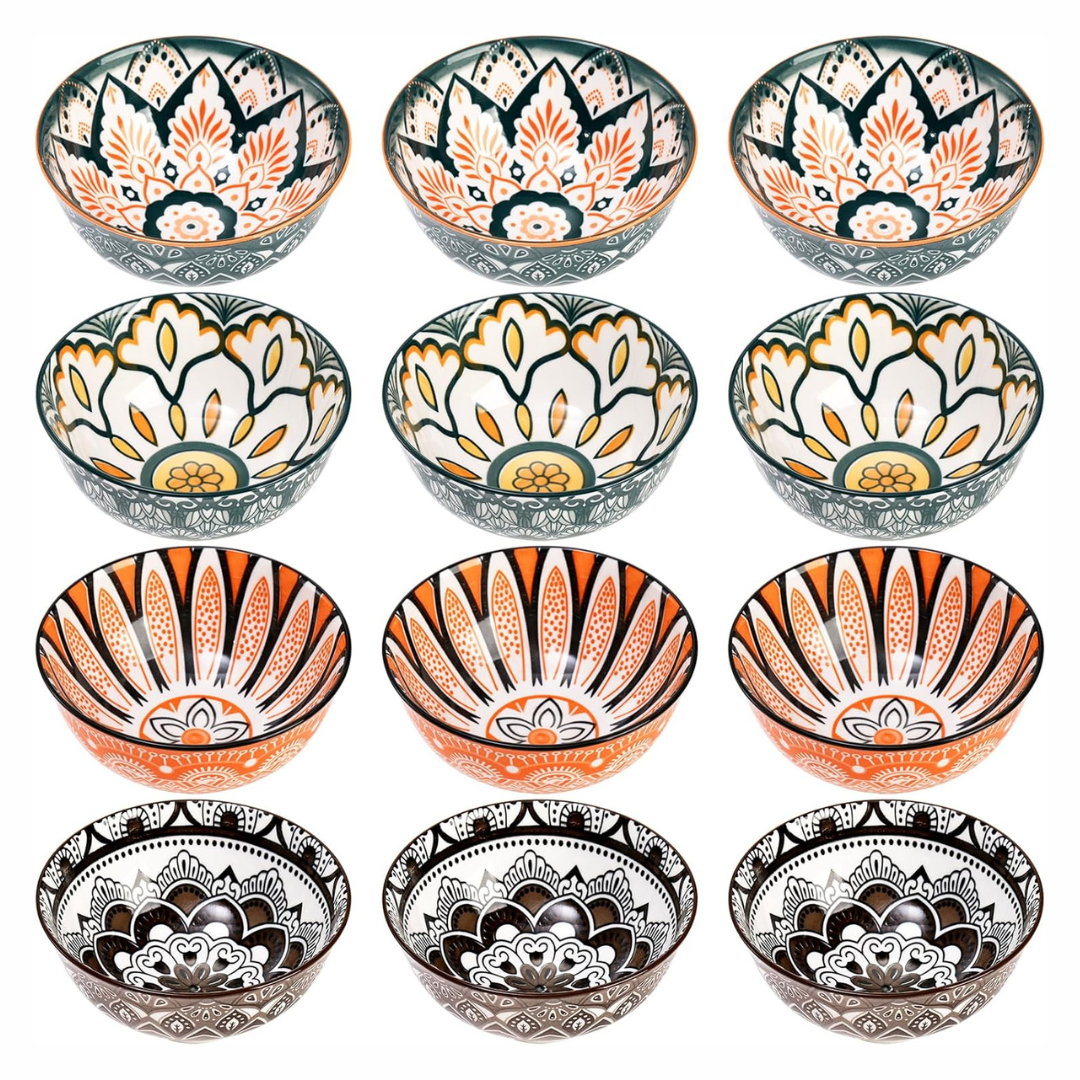 12-Pack Colorful Floral Porcelain Bowl Set, 10 Ounces