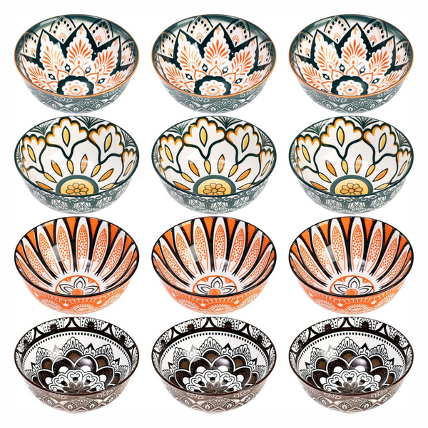 12-Pack Colorful Floral Porcelain Bowl Set, 10 Ounces