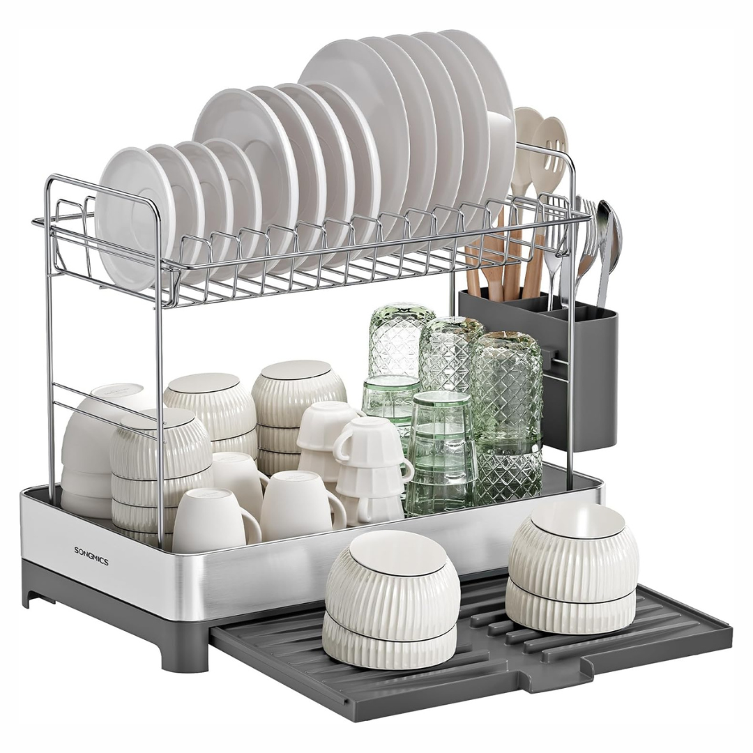 Songmics 2-Tier Expandable Stainless Steel Dish Dryer With Utensil Holder