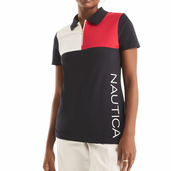 Nautica Women's Short Sleeve 1/4 Zip Placket Polo (Night Sky Multi)