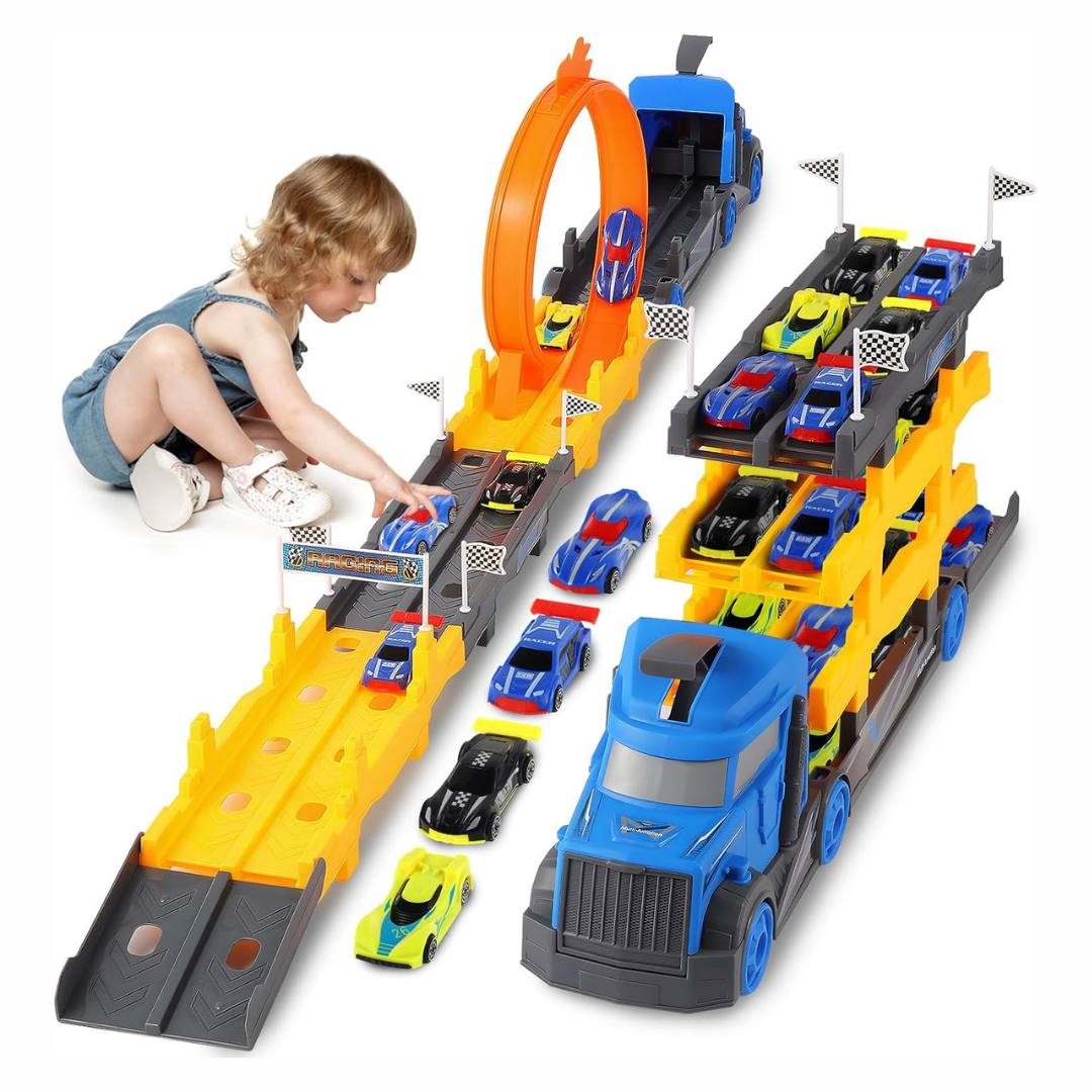 Race Car Carrier Transport Truck With 57" Track Set And 4 Cars