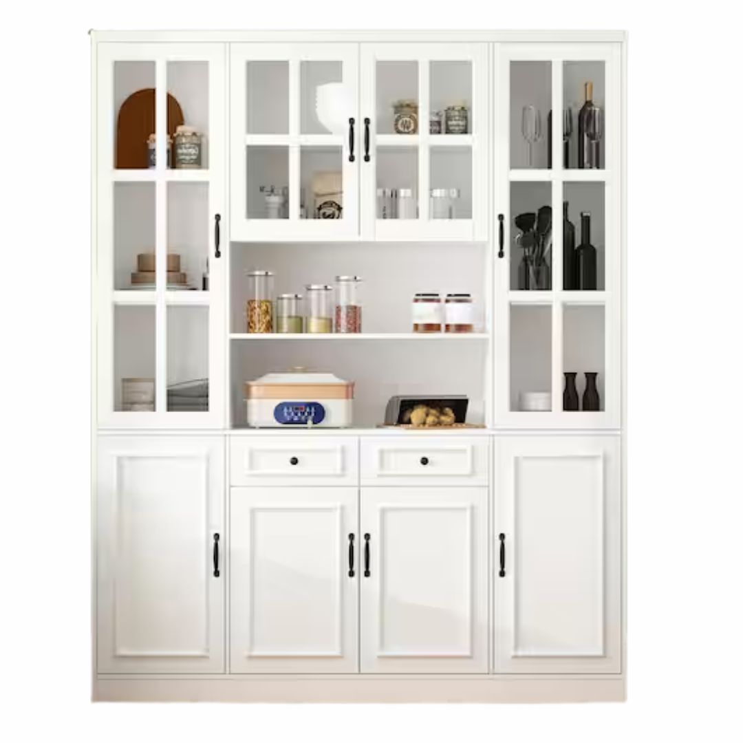 White Wood 63" W Buffet And Hutch Kitchen Cabinet