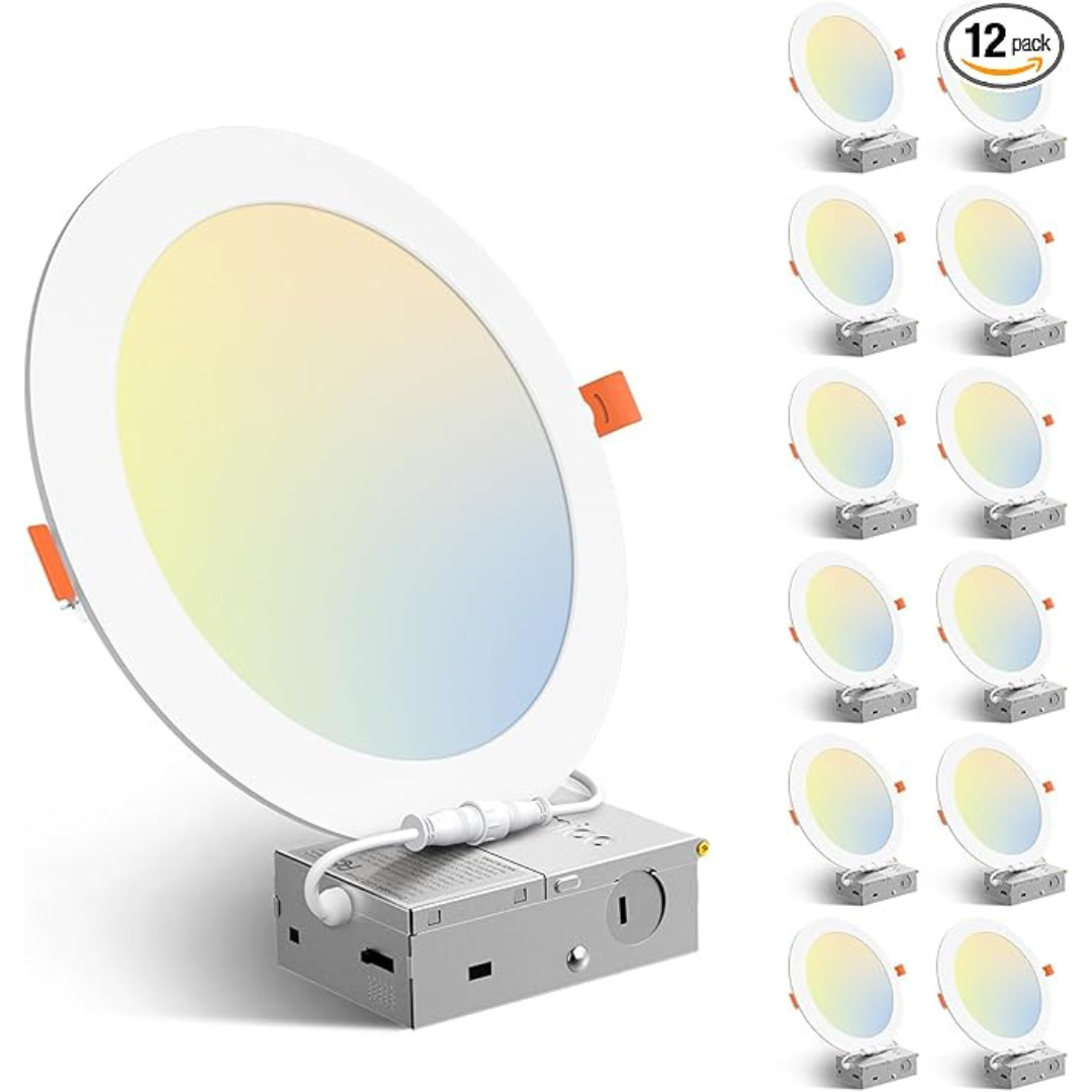 12-Pack Amico 8" 5CCT Ultra-Thin LED Recessed Ceiling Light