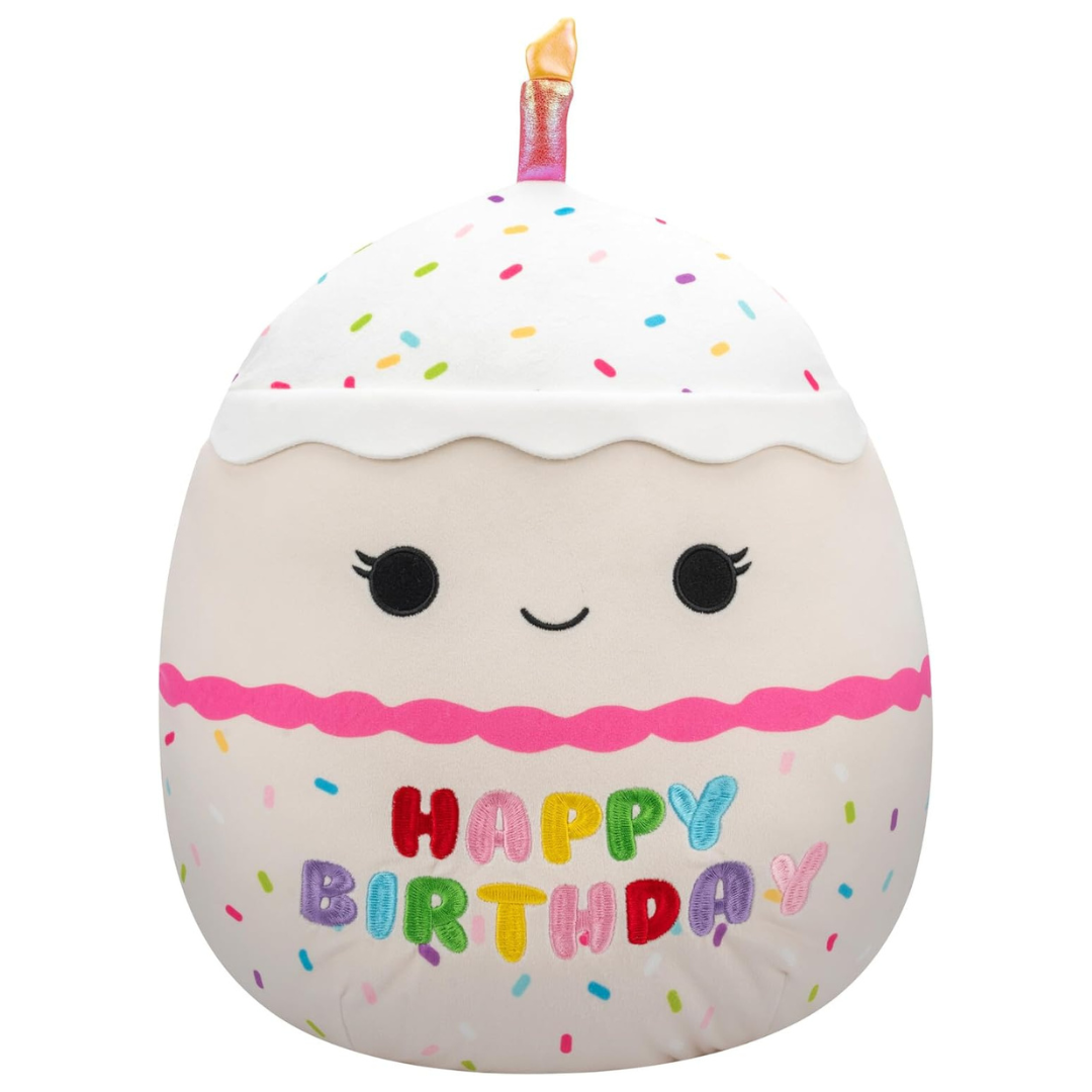 Squishmallows Original 14-Inch Lyla Vanilla Birthday Cake With Rainbow Sprinkles Embroidery