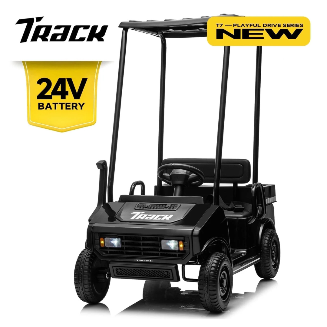 Track 7 24V Ride On Electric Golf Cart With Ceiling & Remote Control, Music, Rear Storage Box