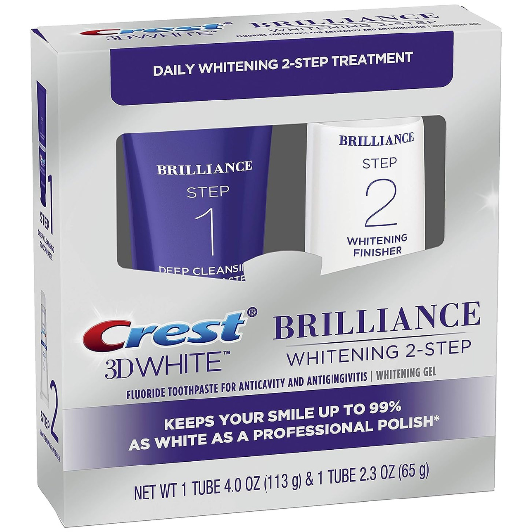 Crest 3D White Brilliance 2 Step Kit, Crest 3D White Toothpaste, Deep Clean Toothpaste (4oz) + Teeth Whitening Gel (2.3oz)