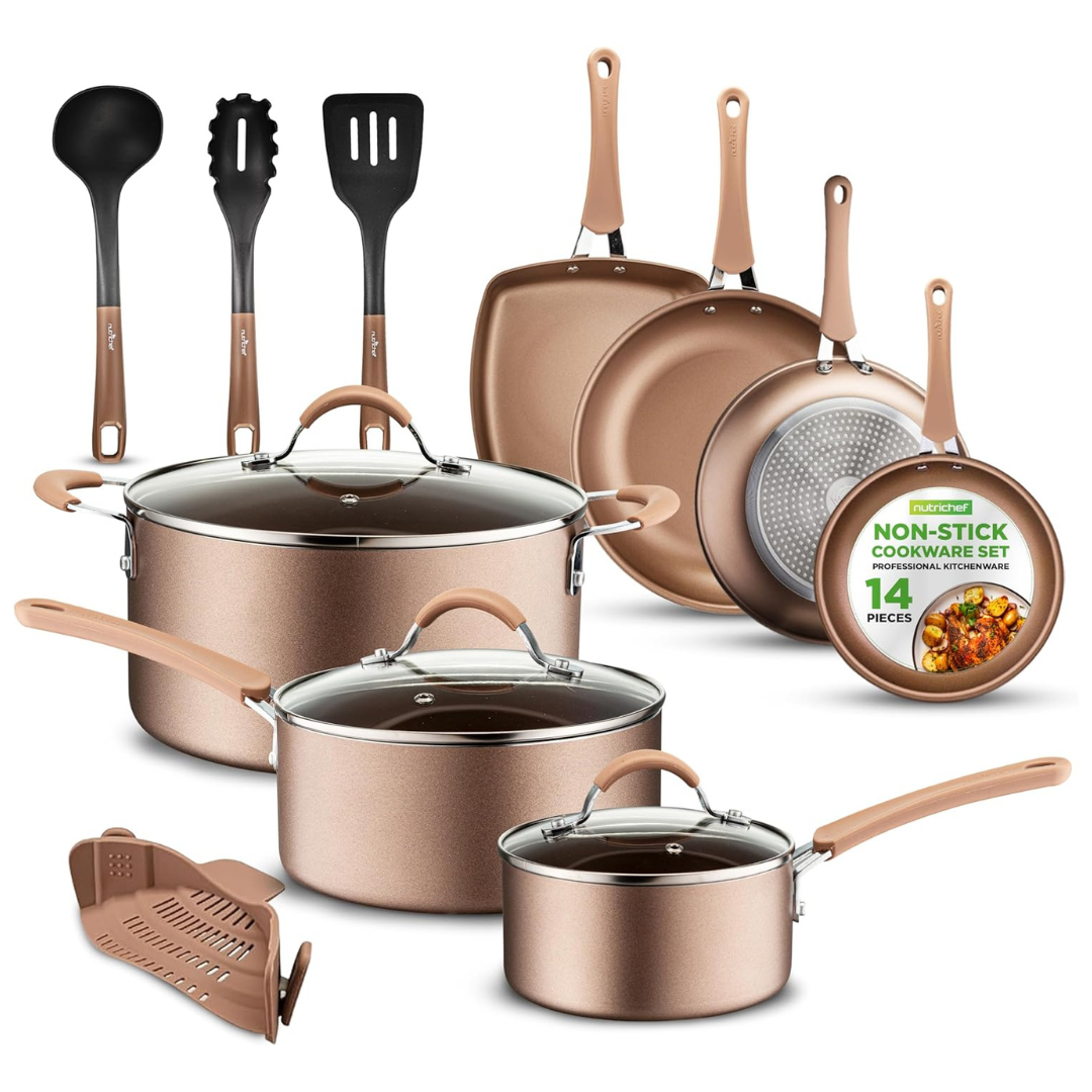 NutriChef 14-Piece Diamond Home Kitchen Cookware Set