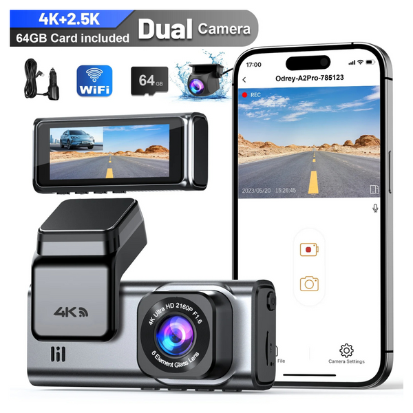 Odrey 4K+1080P WiFi & WDR Dash Camera For Car With 64GB Card