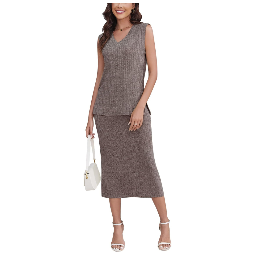 2-Piece Women's Summer Casual V Neck Ribbed Knit Outfit Set