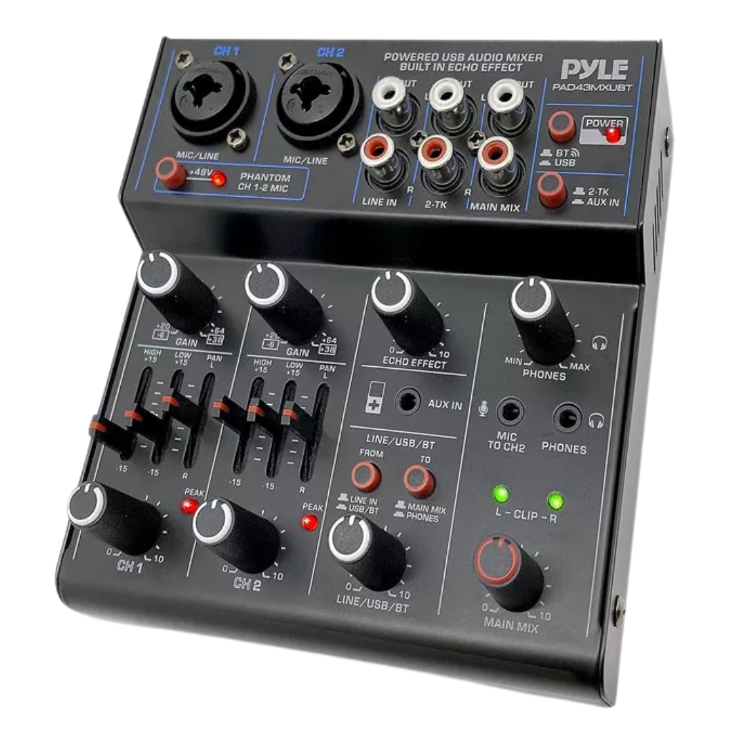 Pyle Compact Bluetooth DJ Mixer Interface With USB Audio And Phantom Power