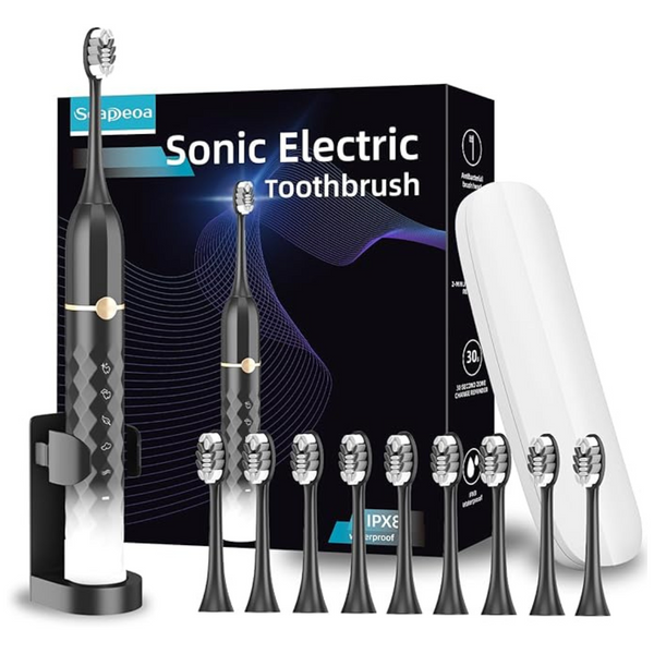 Waterproof Sonic Electric Toothbrush Set W/5 Modes & 10 Brush Heads