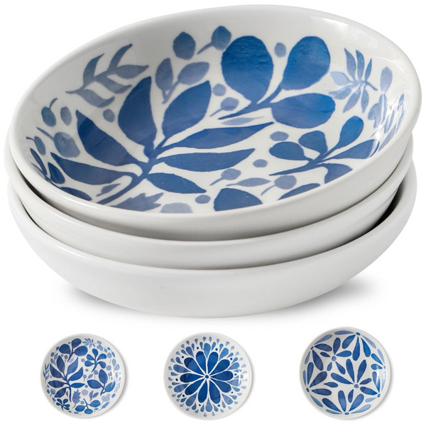 3 Pack Blue and White Floral Ceramic Dessert Bowl Set