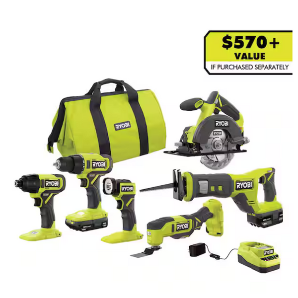 Ryobi ONE+ 18V Cordless 6-Tool Combo Kit W/2 Batteries & Charger