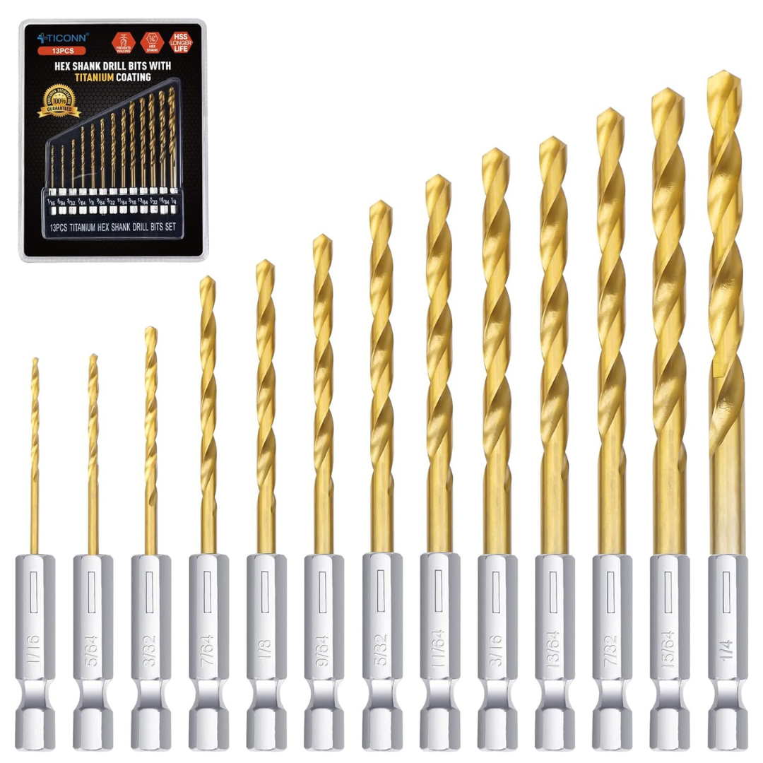 13-Piece Ticonn Titanium Coated Drill Bit Set with Hex Shank