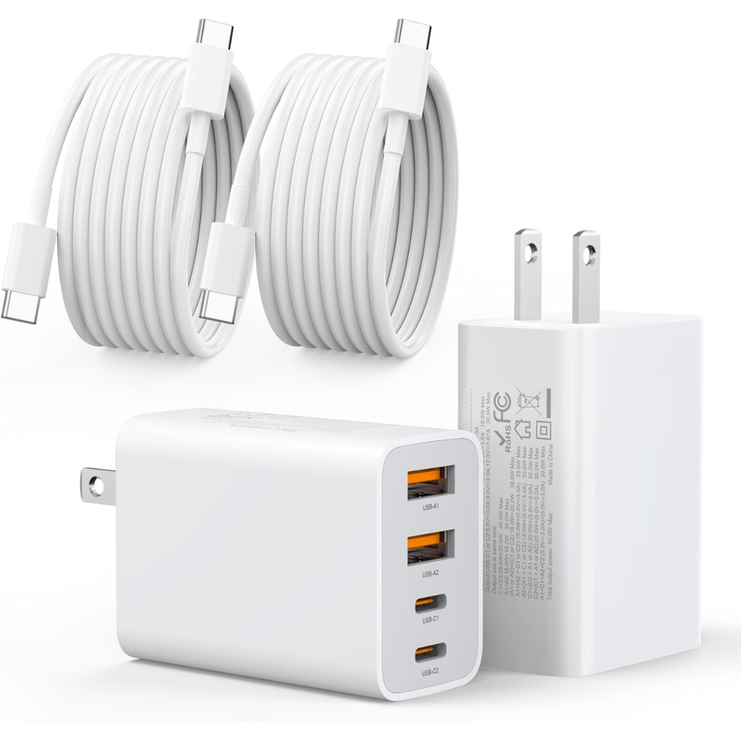 2-Pack 40W 4-Port PD Power Adapter + 2-Pack 6ft USB-C Cable