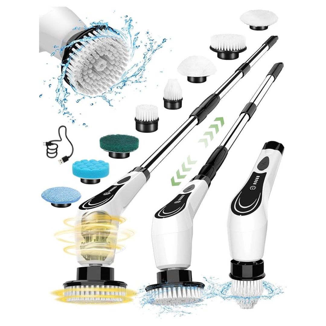 Lxlu Electric Spin Scrubber With 8 Brush Heads & Adjustable Handle