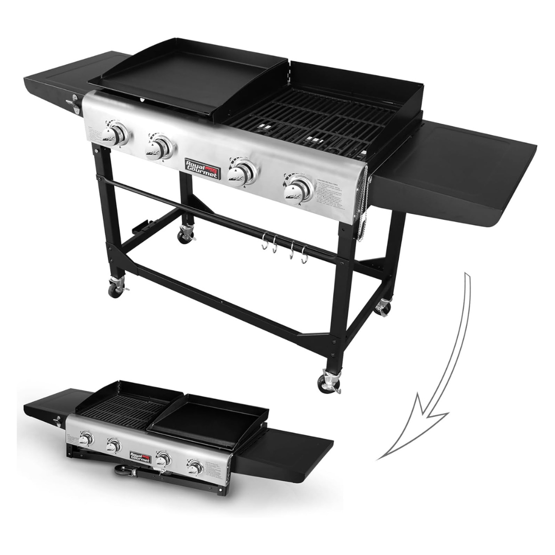 Royal Gourmet Portable Propane Gas Grill And Griddle Combo With Side Table | 4-Burner, Folding Legs