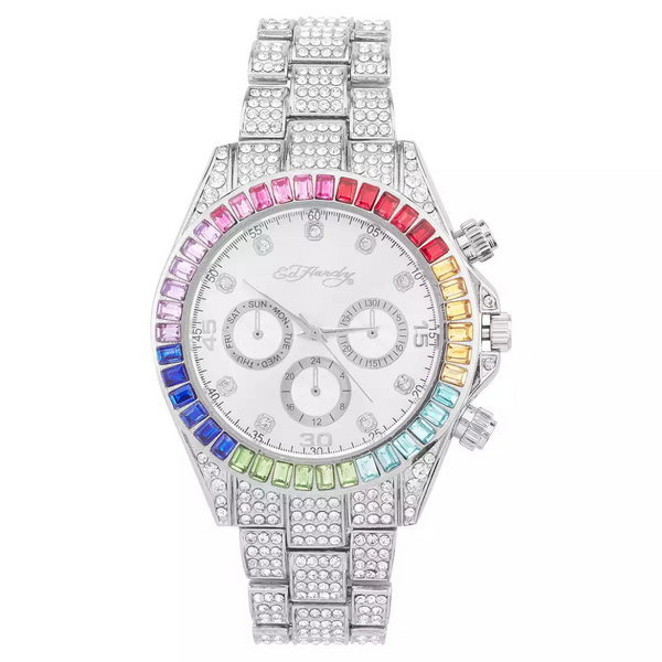 Ed Hardy Women's Colorful Crystal Bezel Silver Tone Watch