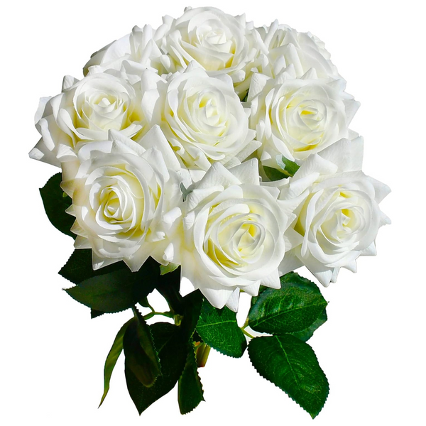 10-Piece Mandys White Artificial Silk Rose Real Touch Flowers