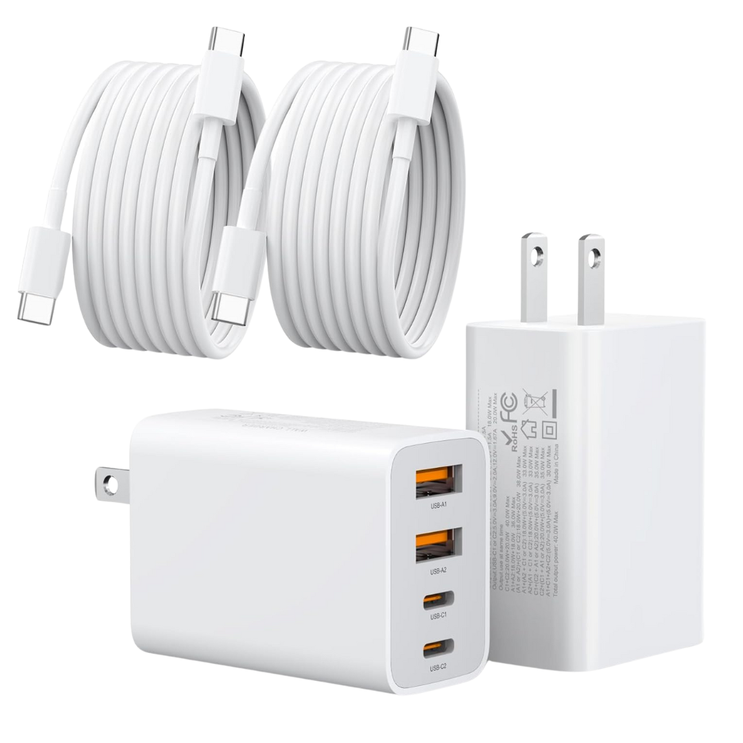 2-Pack 40W 4-Port PD Power Adapter + 2-Pack 6ft USB-C Cable