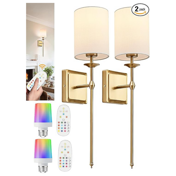 2-Pack Battery Operated Wireless Brass Gold Wall Sconces