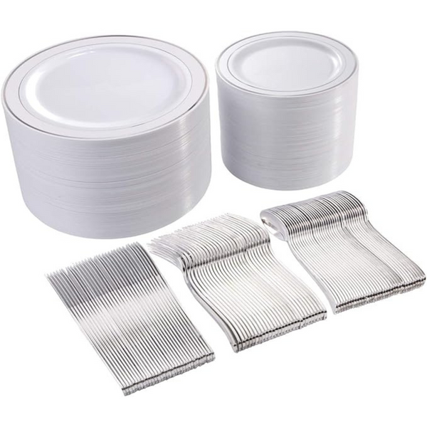 300-Piece Silver Plastic Plates With Disposable Silverware