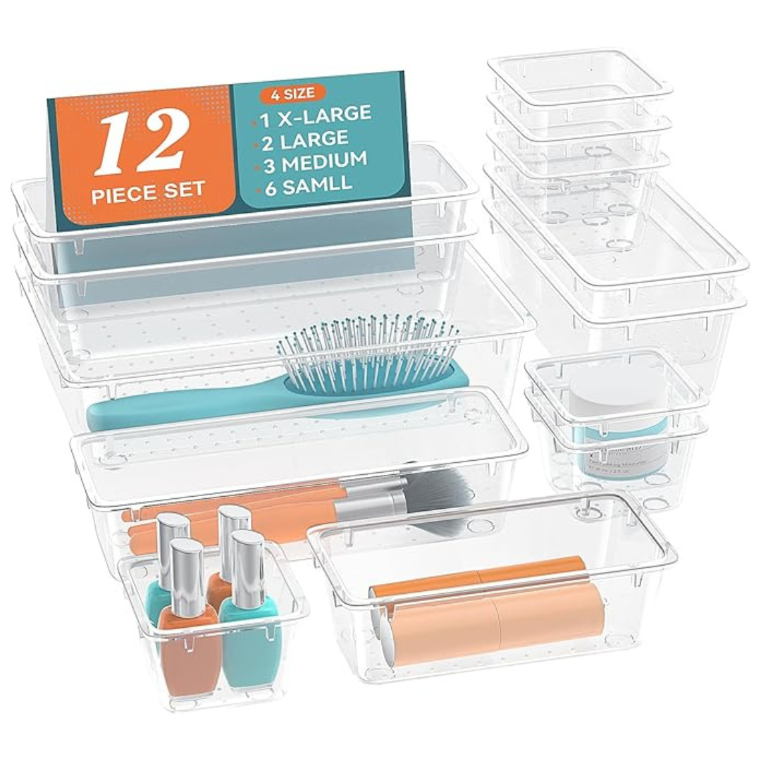 12-Pieces 4 Sizes Clear Plastic Drawer Organizer Set