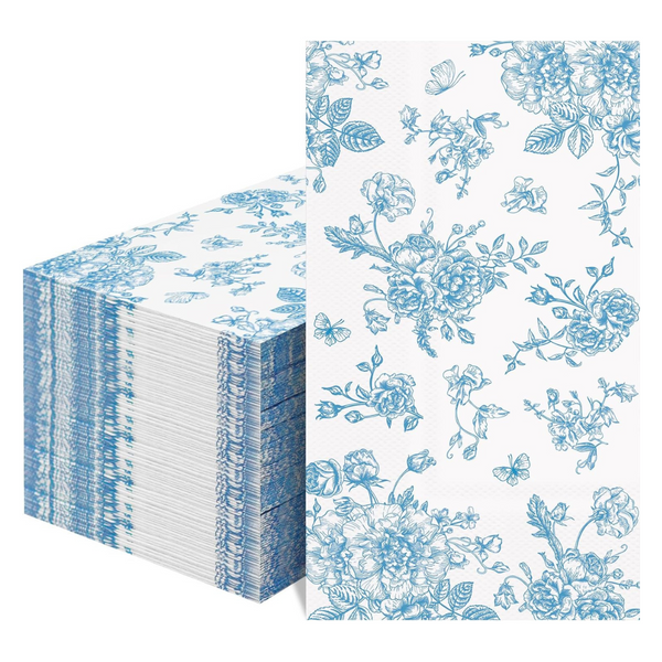 100-Piece Blue Floral Decorative Disposable Paper Napkins