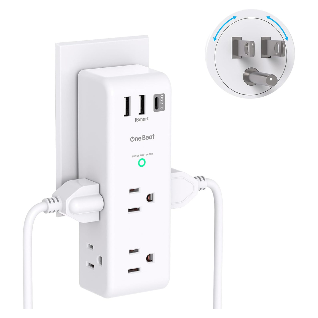 One Beat Surge Protector Outlet Extender With Rotating Plug (White)