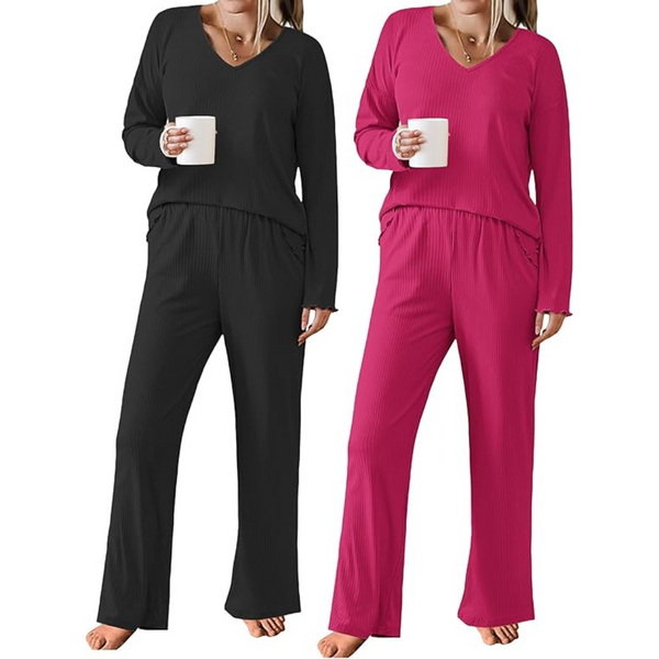 2-Pack Women's Ribbed Knit Long Sleeve V Neck Pajama Set