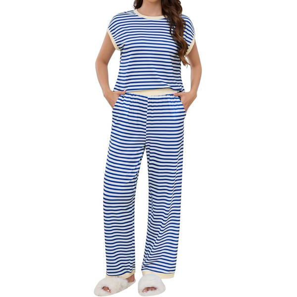 2-Piece Women's Striped Short Sleeve Pajama Sets with Pockets (Various)